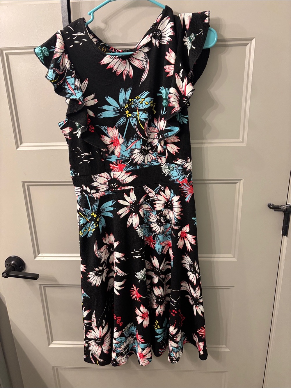 Black Floral Midi Dress with Ruffle Sleeves
